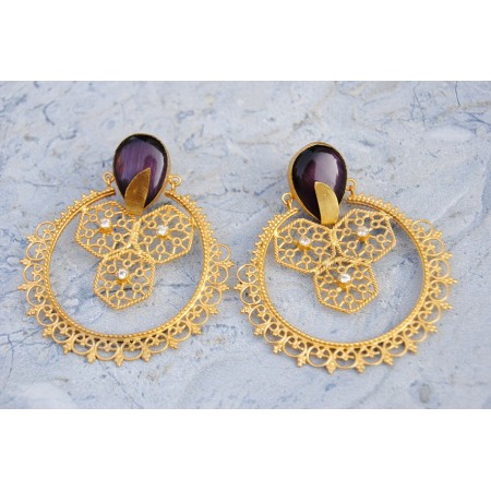 Ethnic Gold Plated Filigree Lilac Onyx Earrings